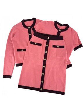 Chanel Set Top Jacket Skirt Coco Button Vintage Pink Burgundy